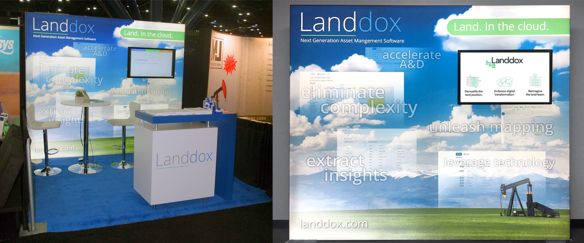 Landdox-branded floating, touchscreen monitor system with lockable counter, bistro table, chairs in a turnkey rental package