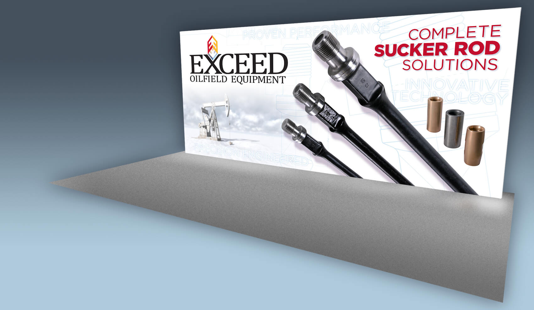 A 10 x 20 inline exhibit with professional photos of Exceed Oil Equipment’s sucker rods are embedded in the booth graphic.