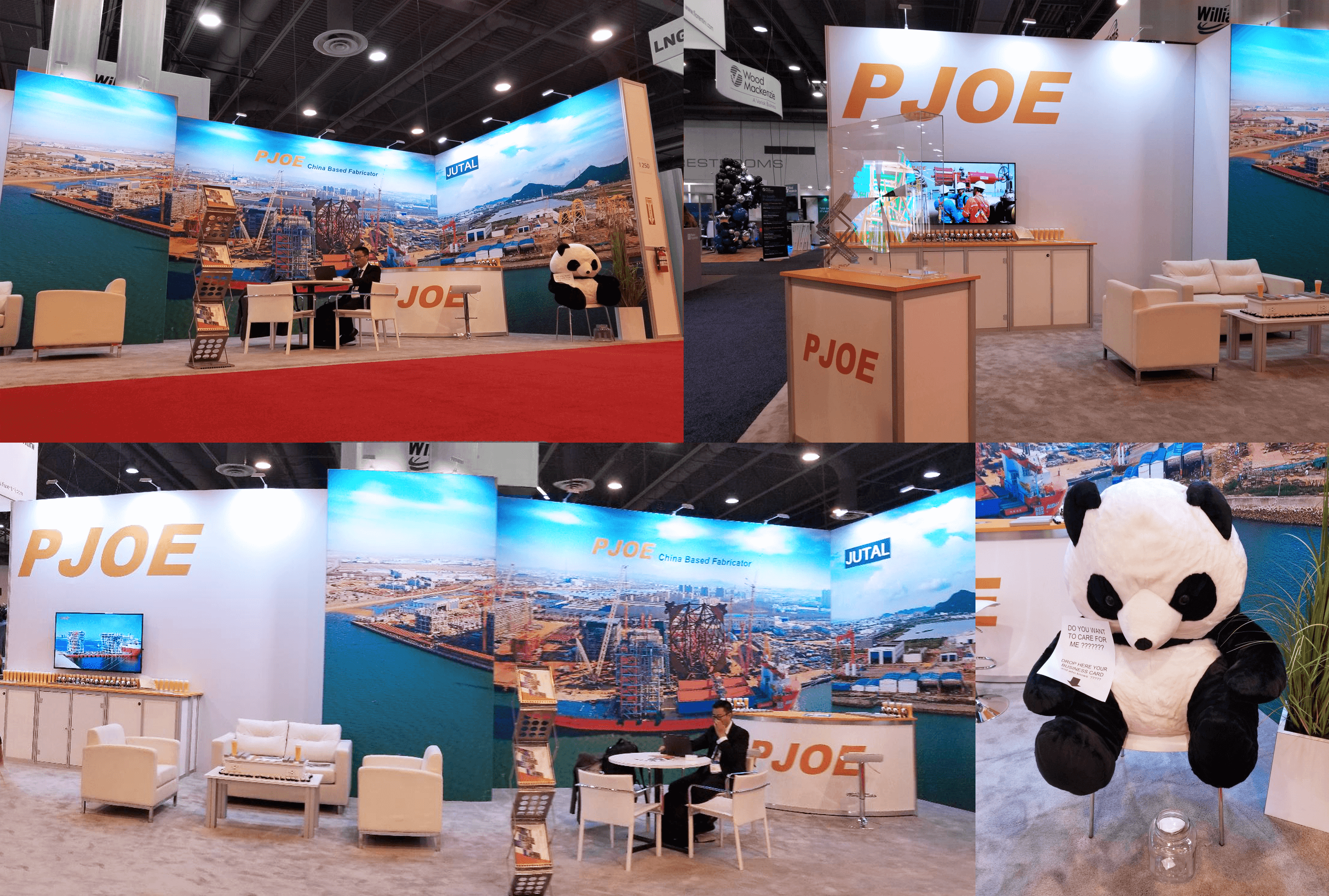 PJOE exhibit booth configurations with photography of fabricated structures for GasTech and a stuffed panda for a drawing