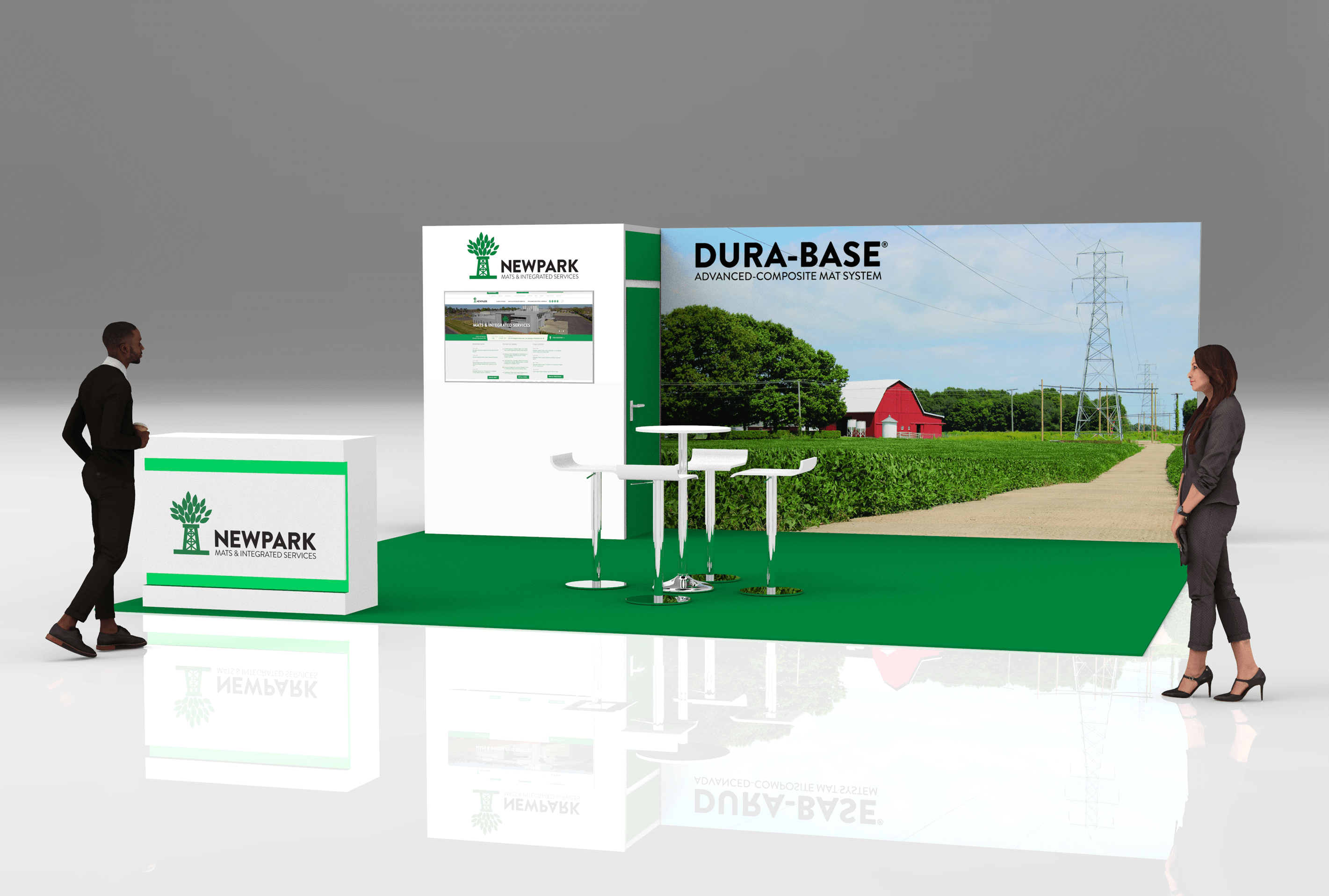Custom trade show booth with backlit graphic wall, monitors, and seating for the sales team to establish the Newpark brand