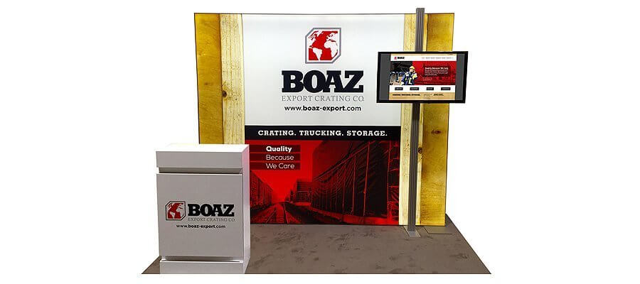 Edge-lit exhibit with backwall graphics, video presentation, lockable greeting counter with storage, and table with chairs.