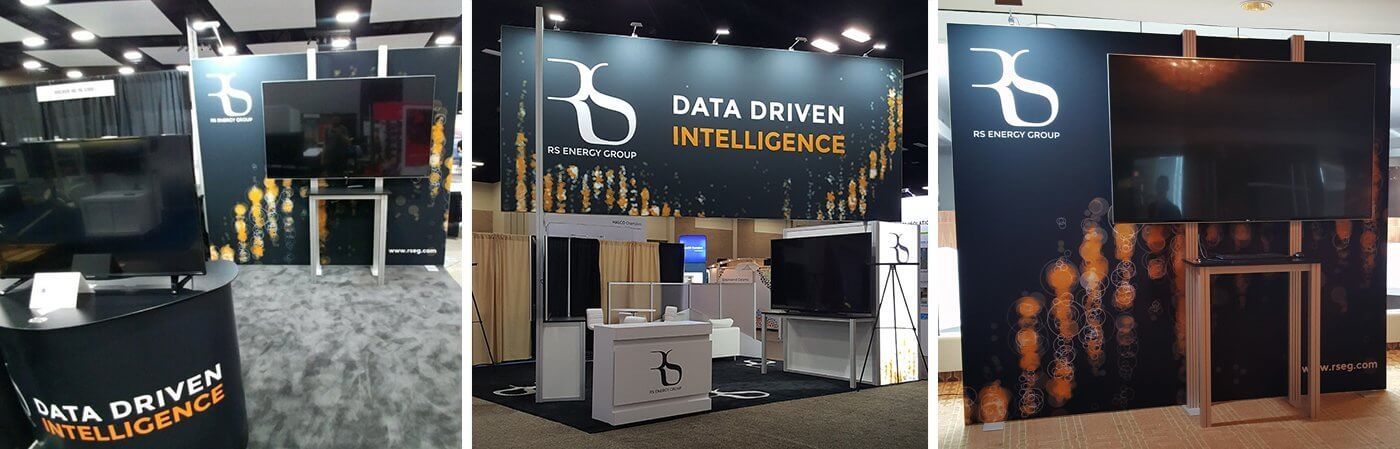 RSEG trade show booth in varying configurations with podiums, video monitors, customer seating area, and overhead signage