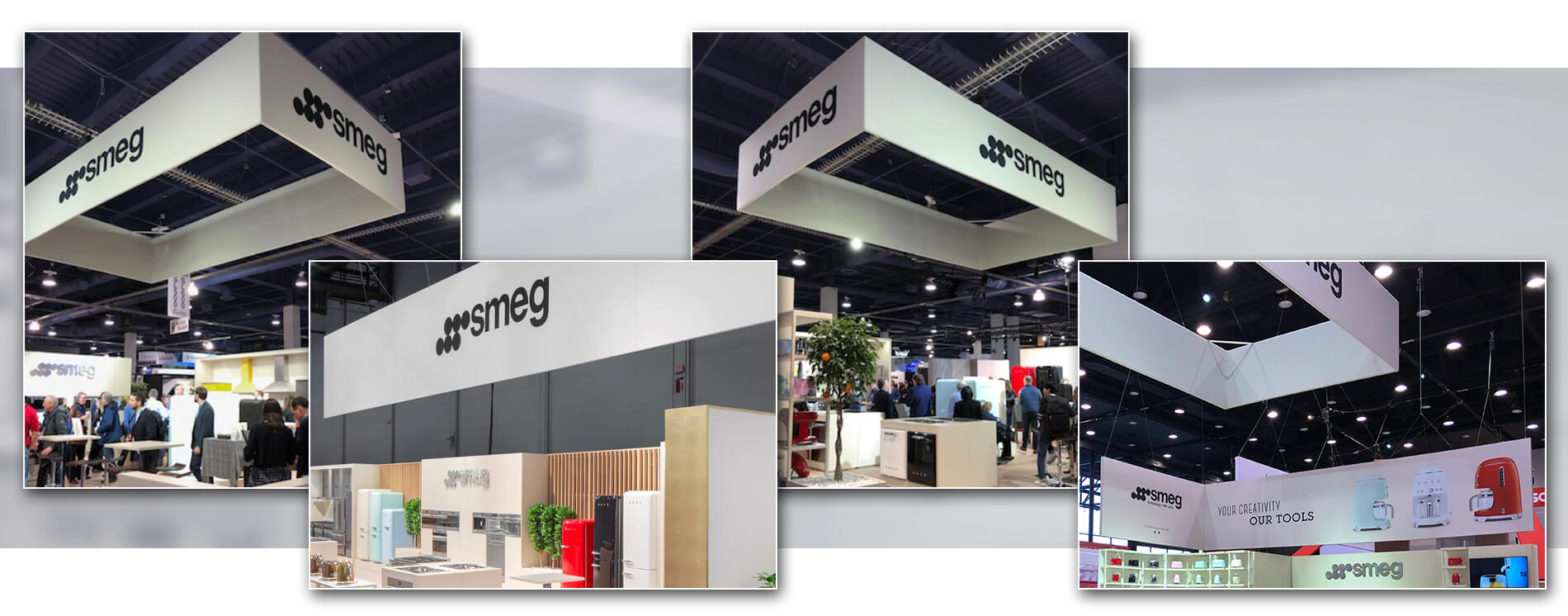 Large, overhead 14’ x 29’ x 6.5’ L-shaped sign with photos of SMEG home appliances hangs over the trade show booth at KBIS