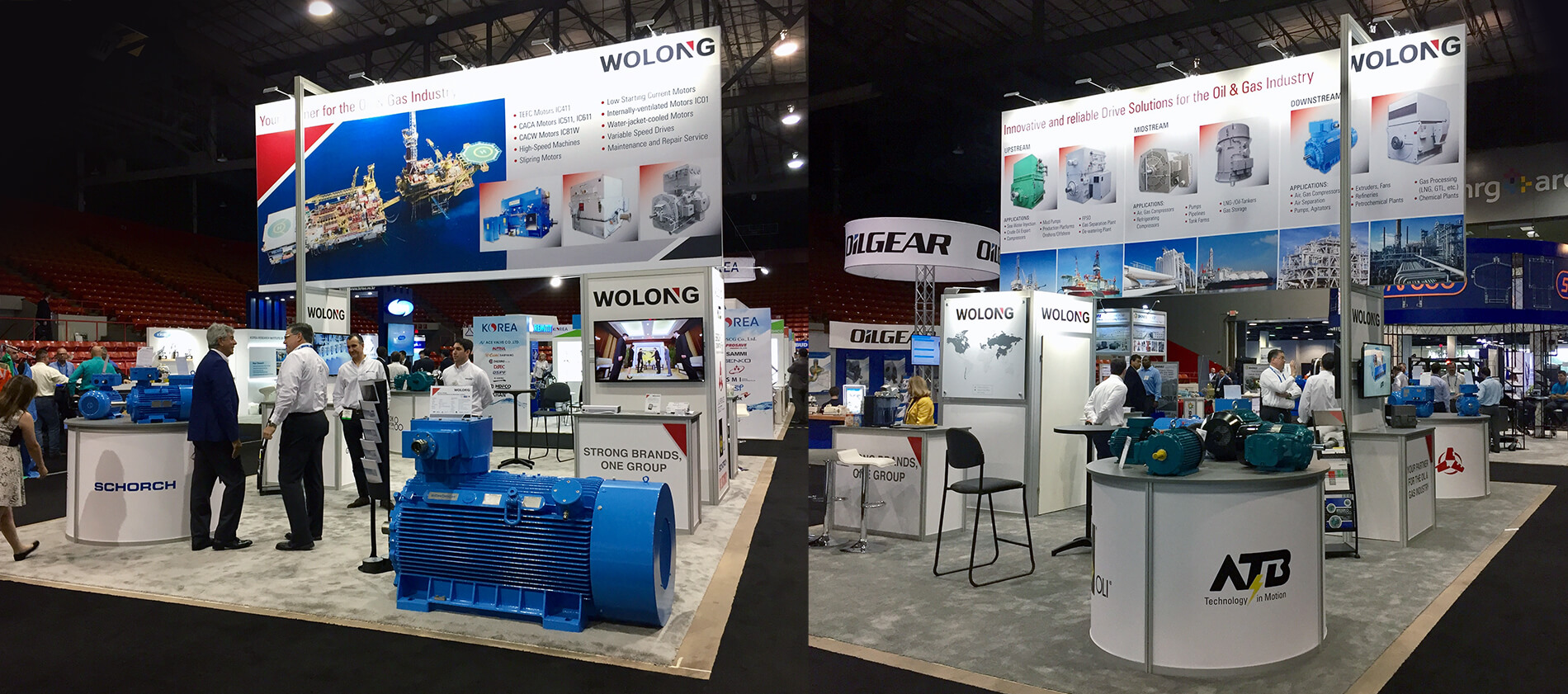 20 x 20 open concept booths with two 20’ overhead branded sign and full-size industrial motors at OTC and ECCE.