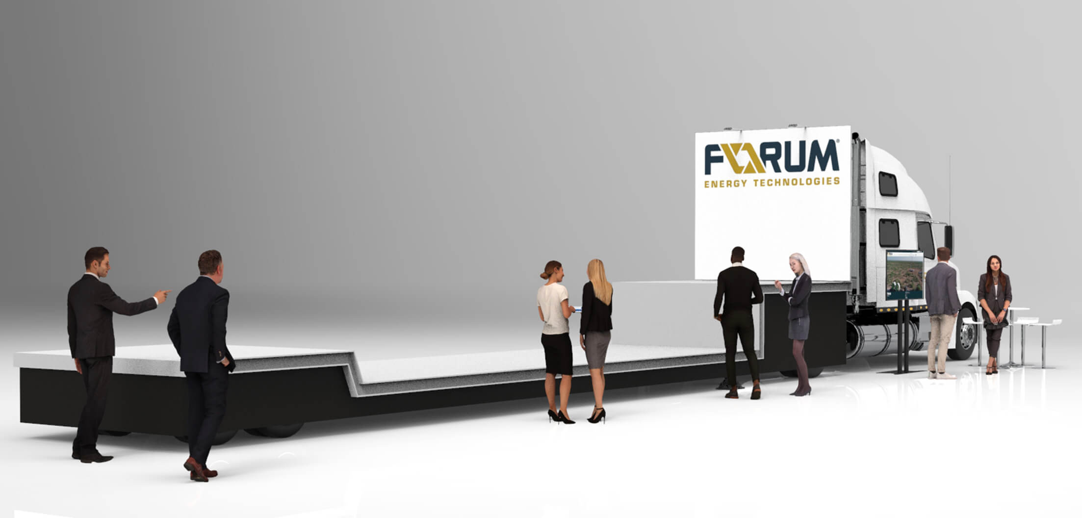 Outdoor display features two-sided, weather-friendly sign that spans the length of the trailer, and includes a video monitor.