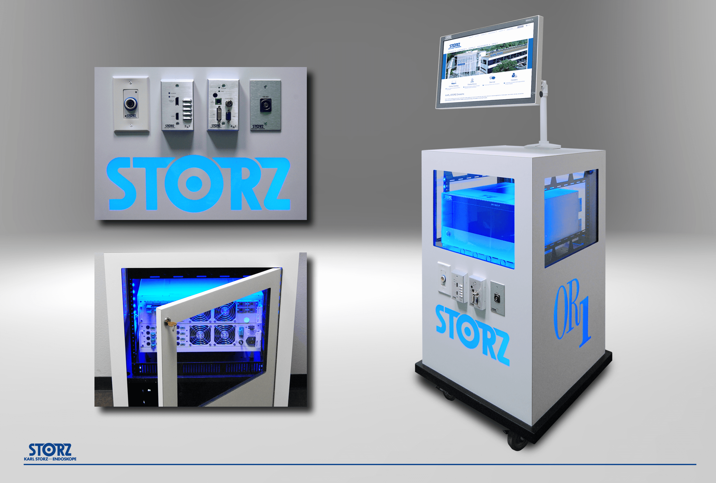 Portable, easy-to-configure, equipment demonstration unit featuring blue logo, LED lighting, computer and detachable monitor