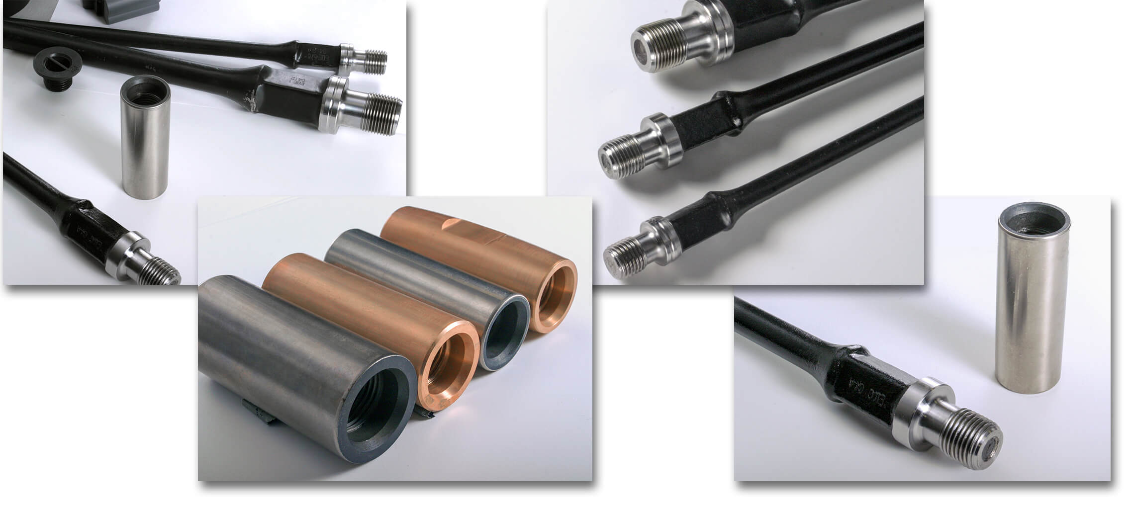 Collage of four professional photos of Exceed Oilfield Equipment including sucker rods, sinker bars, and couplings for the energy, oil & gas industry. Professional photos of oilfield equipment including sucker rods, sinker bars, and couplings for energy, oil & gas industry