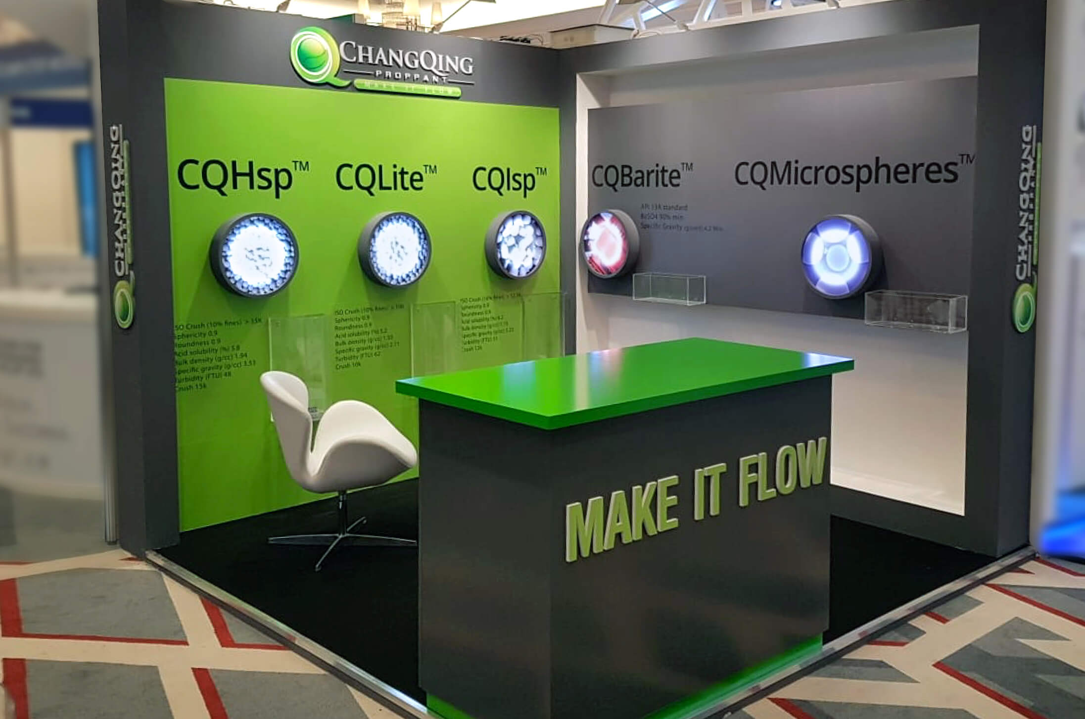 Rent-to-own exhibit featuring branded products on booth walls and shipped by Exhibit Network to SPE ATCE and SPE HFTC