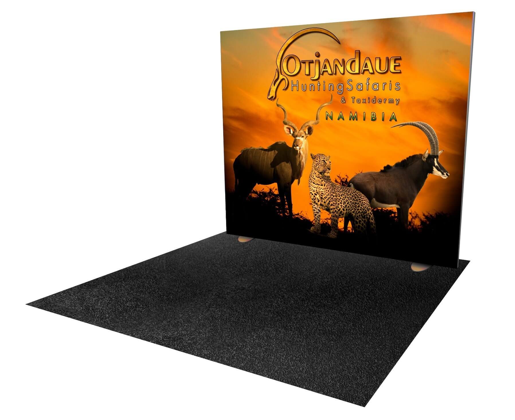 High visibility exhibit booth with backlit backwall and offers reasonable shipping costs and easy set-up at sporting expos
