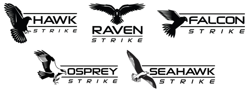 A suite of five product logos featuring illustrations by Exhibit Network for the Systel Strike brands.