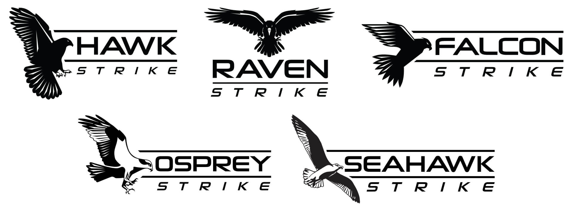 A suite of five product logos featuring illustrations by Exhibit Network for the Systel Strike brands.