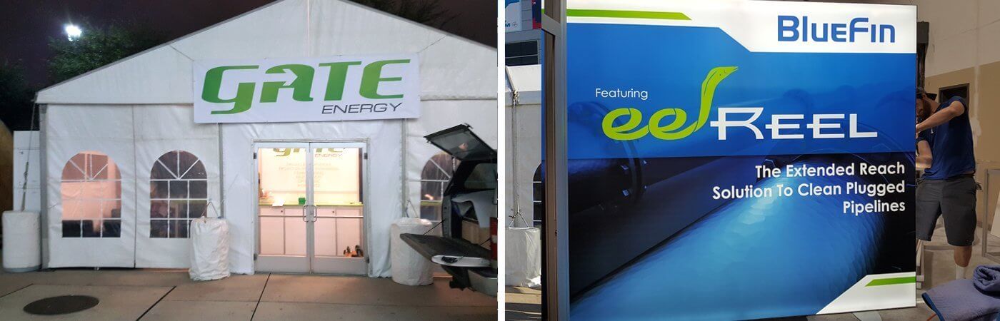 Gate Energy branded trade show entertainment tent and 10’ exhibition graphic for extended reach solution to clean pipelines