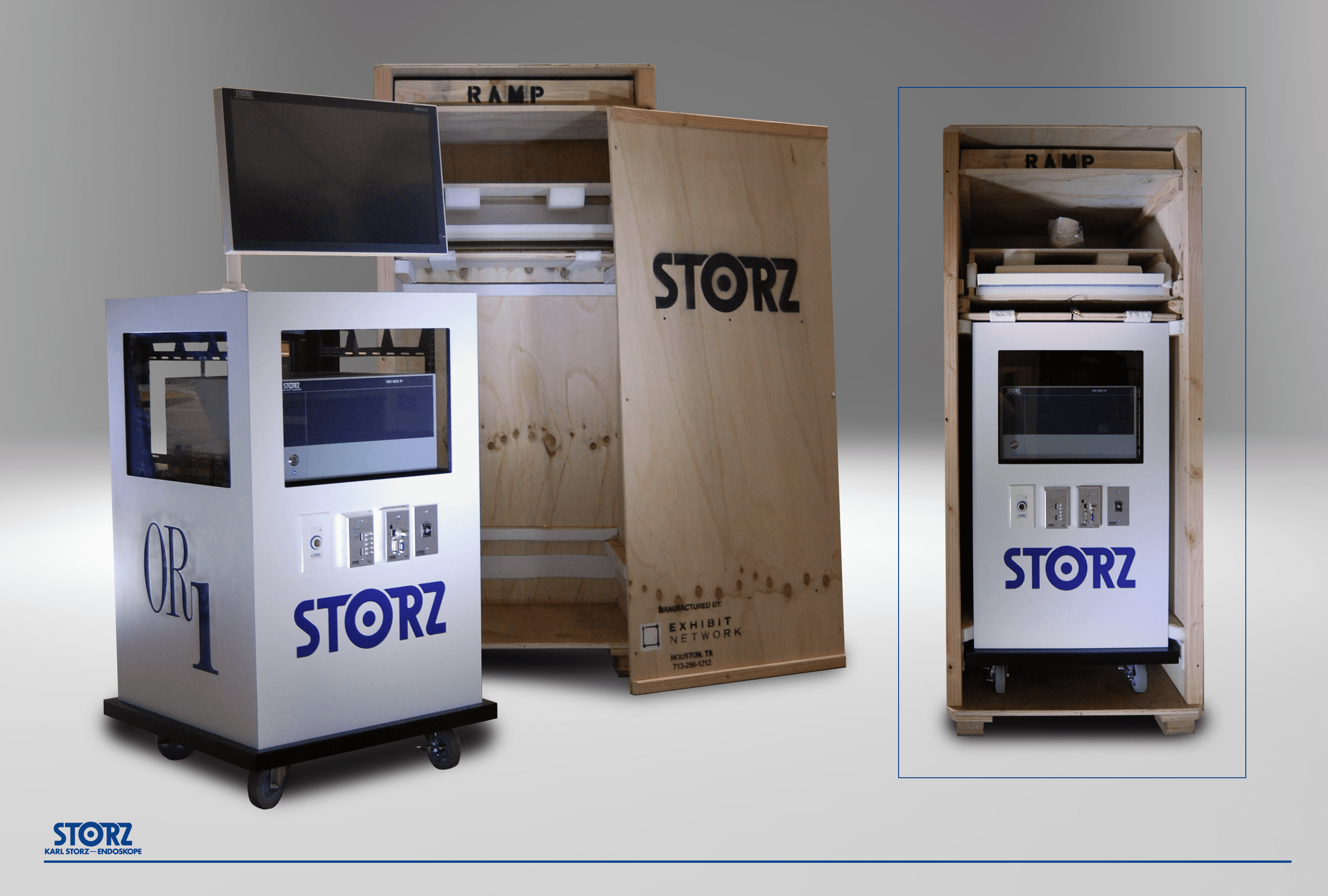 Portable, equipment demonstration unit with detachable monitor packed securely in a wooden shipping crate for safe transport