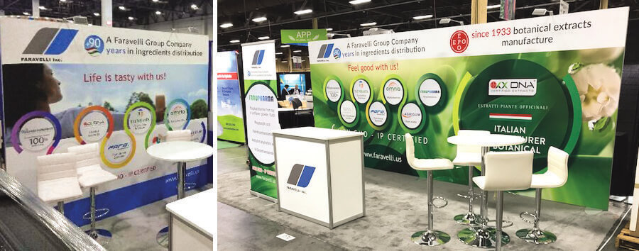 10 x 10 and 10 x 20 trade show rental booth configurations with bistro seating, podium, and full-scale graphic back walls