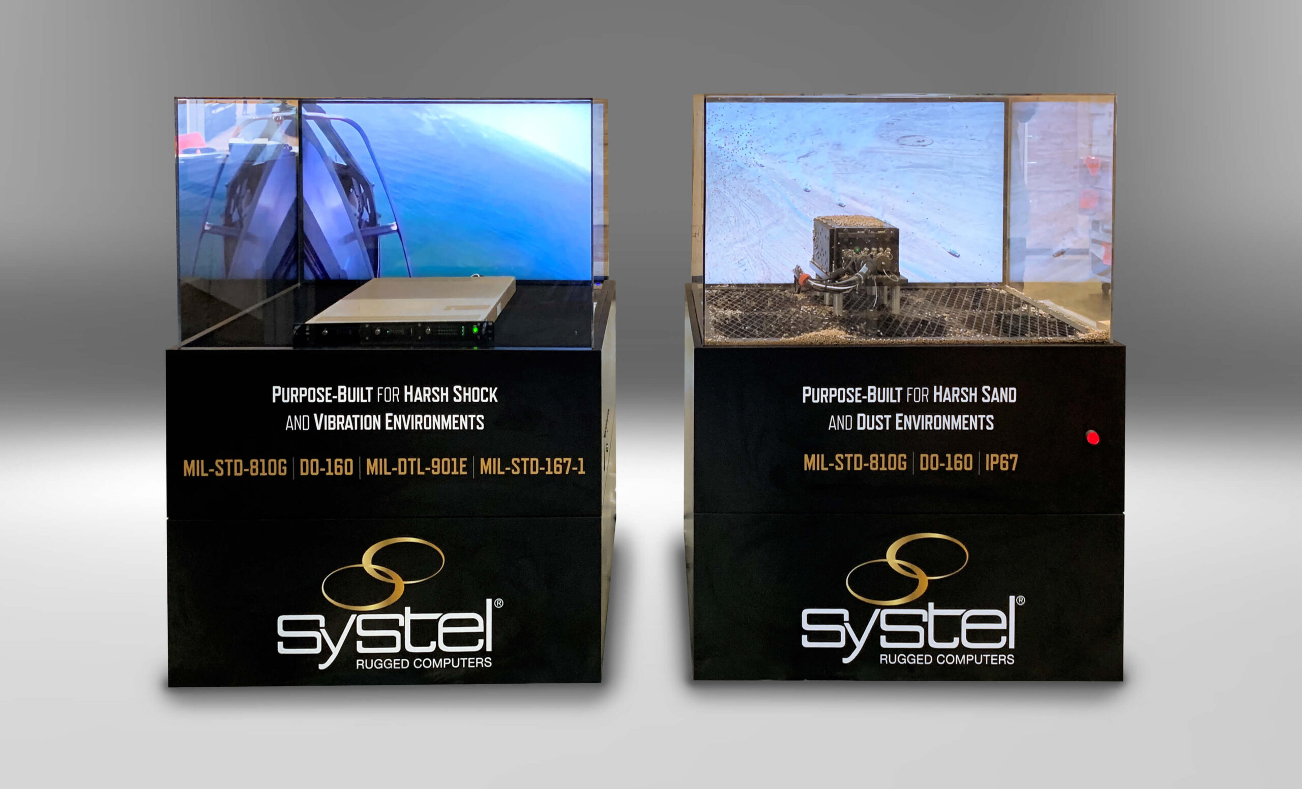 Simulation units with Systel computers running video to show the systems can perform under extreme environmental conditions
