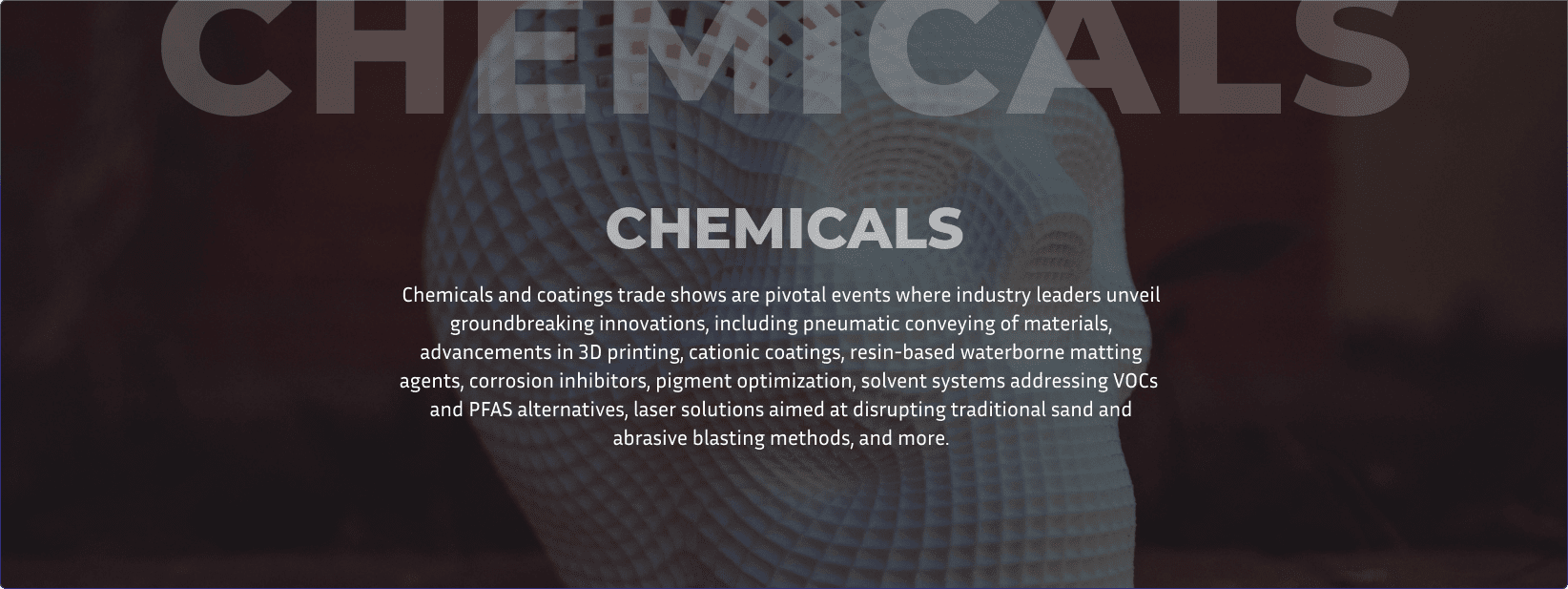 A white 3D printed skill with a blurry brick backdrop represents Exhibit Network enabling success at chemical and coatings trade shows and expos like the Powder Show, American Coatings Show, and AMPP