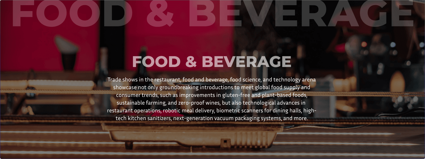 Steam rising from aluminum pan in front of a red wall and bar with wine bottles represents Exhibit Network enabling client success at food and beverage trade shows like IBIE Baking Expo and IFT First
