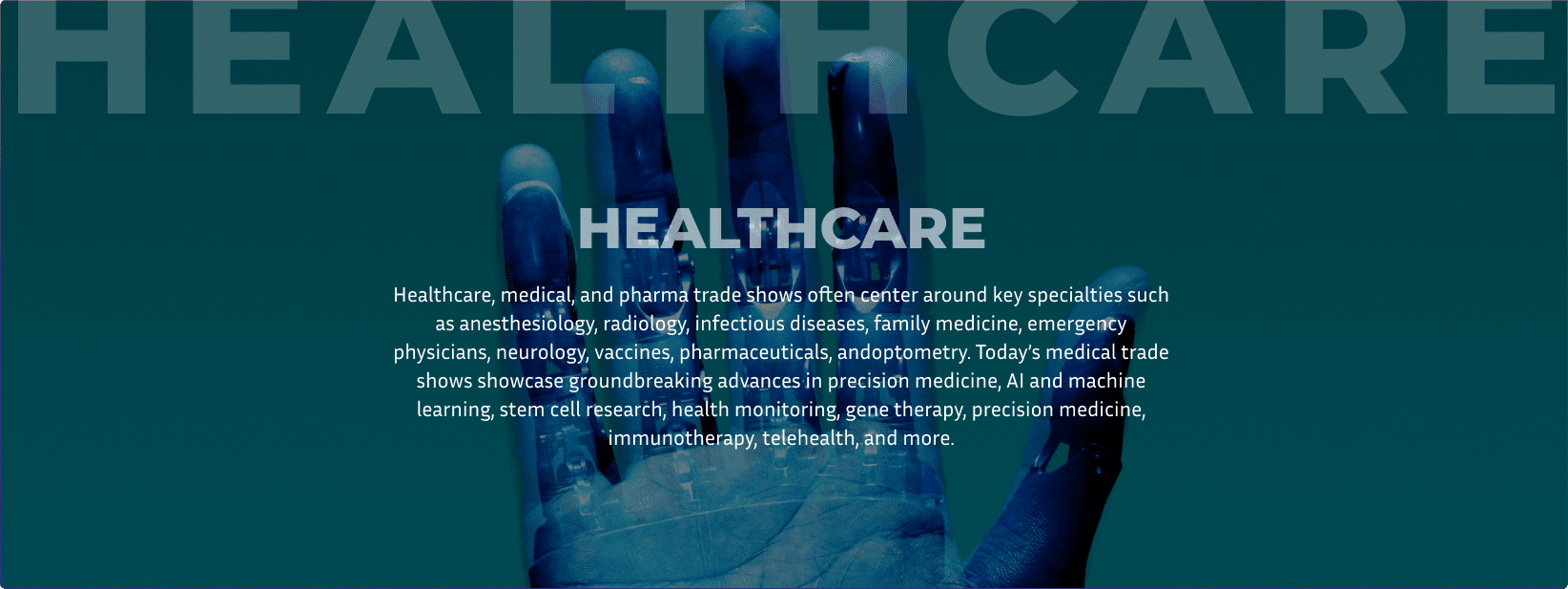 Bright blue robotic hand with digital joints and a cyan blue backdrop represents Exhibit Network enabling client success at healthcare and technology trade shows like MD&M, IMTS, SEMICON and INTERPHEX