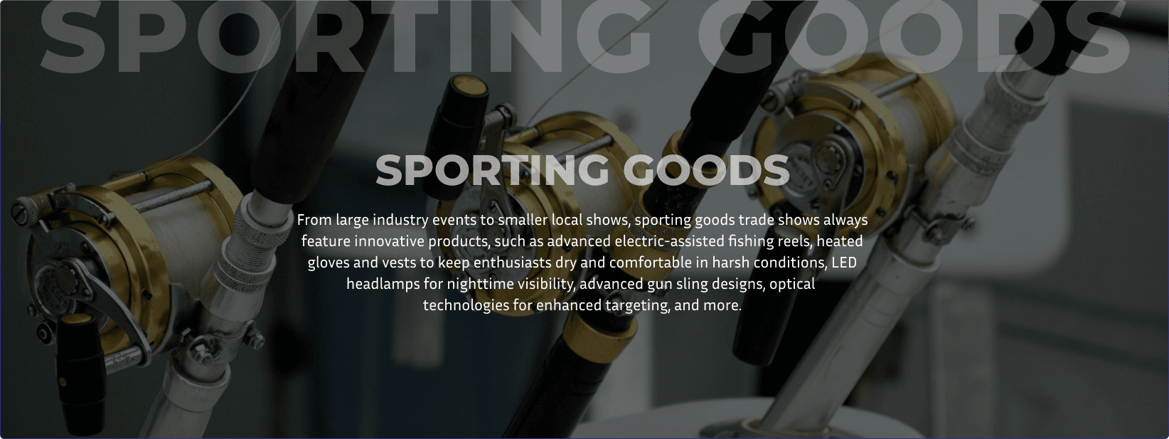 Three black and silver fishing poles with shiny gold reels represent Exhibit Network enabling client success at sporting goods trade shows like ICAST, SHOT SHOW, and the Great American Outdoor Show