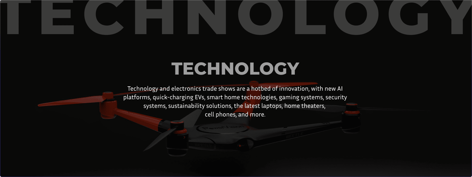 Gray, quadcopter drone with red rotors and a dark gray background represents how Exhibit Network poises clients for success at technology tradeshows like Offshore Technology Conference or DISTRIBUTECH