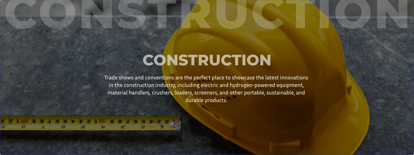 A bright yellow hard hat on a marble slab with a yellow ruler represents Exhibit Network enabling client success at construction trade shows like CONEXPO CON/AGG, World of Concrete, and Utility Expo