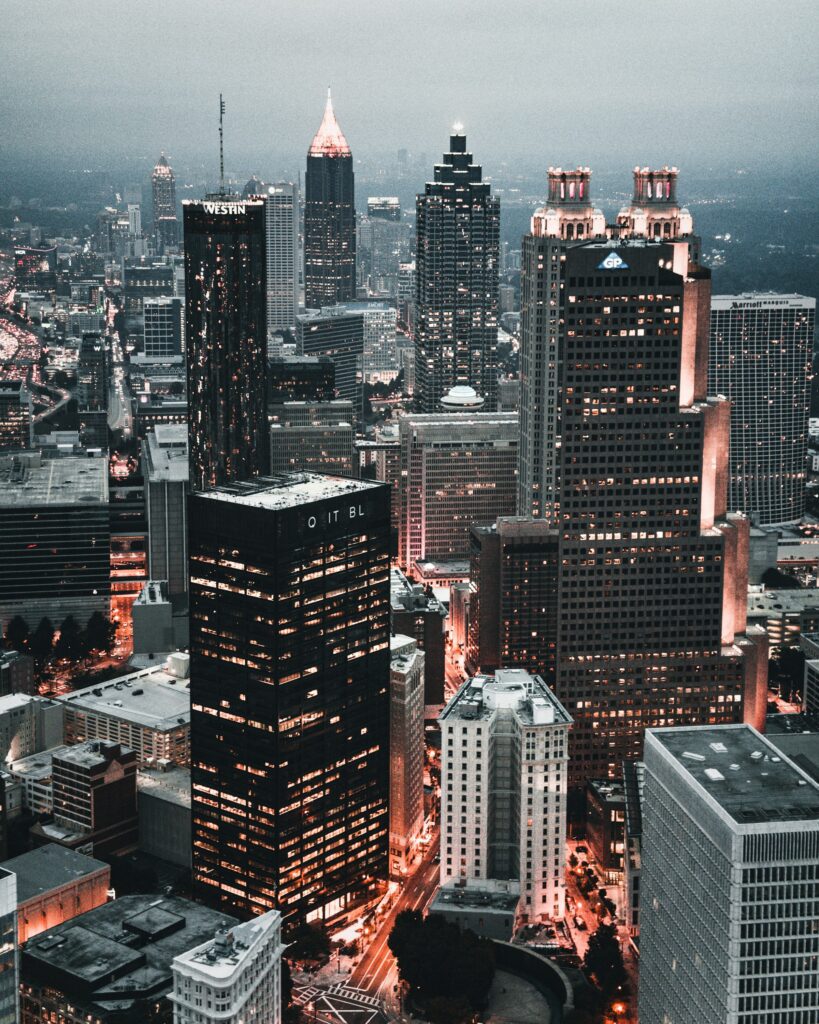 Aerial photo of Atlanta high-rises welcoming Exhibit Network customers exhibiting at Georgia conventions and trade shows